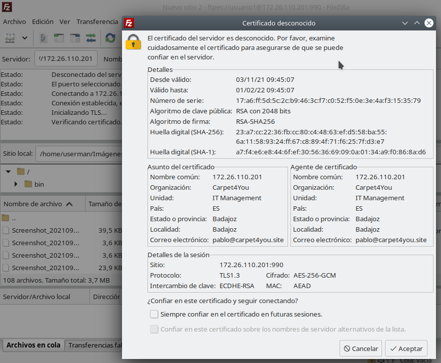 Conexión a la carpeta compartida con Filezilla