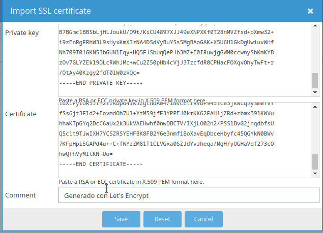 Captura de pantalla durante la importación del certificado.