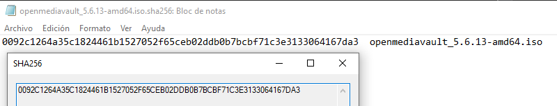 Imagen en la que se pueden ver las sumas SHA256 generada y descargada