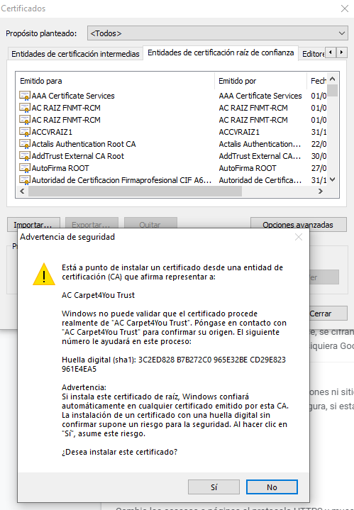 Captura de pantalla durante la importación del certificado AC